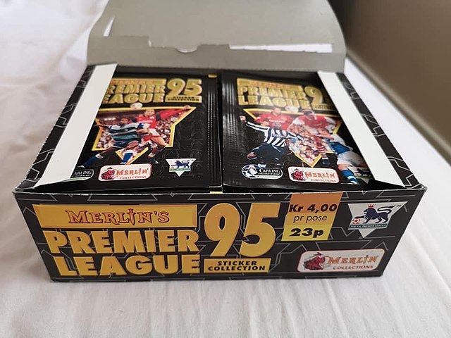 A box of 'Merlin's Premier League 95' sticker packets as they would appear for sale in a supermarket or newsagent's shop