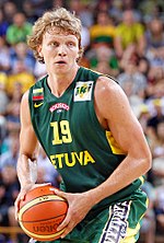 Kuzminskas with Lithuanian national team. Mindaugas Kuzminskas by Augustas Didzgalvis.jpg