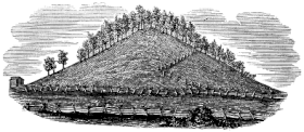 An 1841 engraving of "Mormon Hill" (looking south), where Smith said he found the golden plates on the west side, near the peak. Mormon Hill engraving (1841).gif