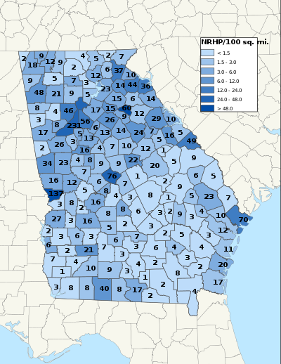 NRHP count and density by county NRHP Georgia Map.svg