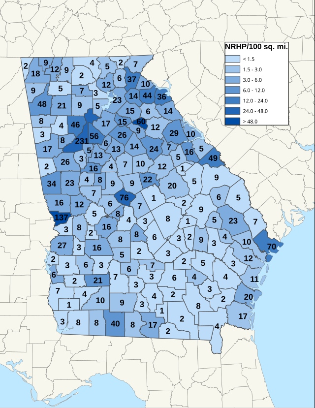 Distribuição de NRHPs nos condados da Geórgia.