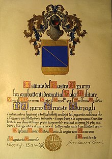 Coat of arms, granted by the Istituto Nazionale del Nastro Azzurro to one of its members, the italian Admiral Ernesto Burzagli. The Nastro Azzurro is one of the main heraldic authorities in Italy. Nastroazzurro.JPG