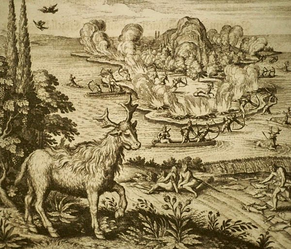 1627 illustration by Mattheüs Merian of local people hunting using fire, canoes and bows and harvesting corn on Pesamkuk (Mount Desert Island).