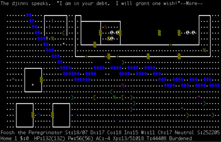 An example of a fixed level from NetHack, showing a town-like area (with buildings indicated by the line symbols) with a river passing through it (the blue tiles)