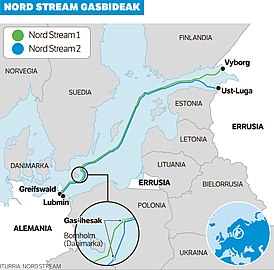 Карта, показывающая расположение трубопроводов Nord Stream в Балтийском море. Большую часть пути они проходят близко друг к другу, но отклоняются вблизи мест утечек.