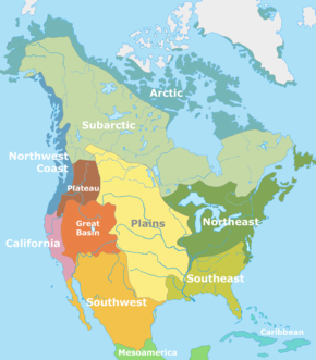 The cultural areas of pre-Columbian North America, according to Alfred Kroeber North American cultural areas.png