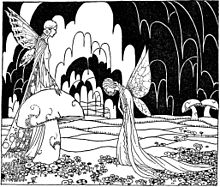 Le dessin montre une fée qui courbe la tête face à sa reine. La reine, à la gauche, s'appuie sur un champignon, alors que l'autre fée est située au milieu.