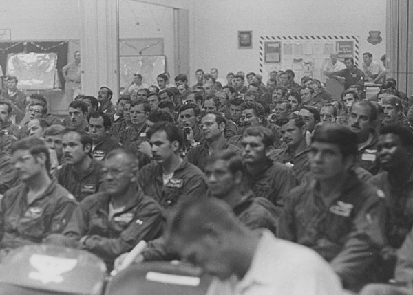 B-52 bombing crews at Andersen Air Force Base, Guam being briefed on the operation.