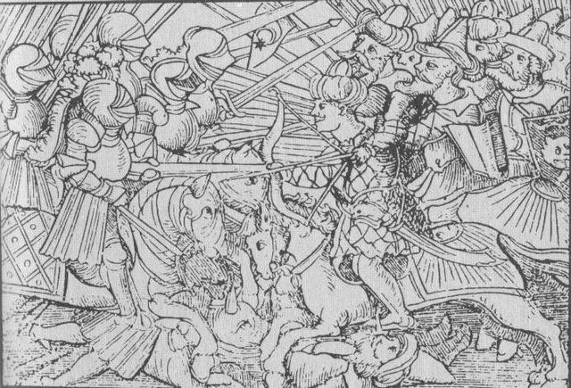Hungarian knights routing Ottoman spahi cavalry during the Battle of Mohács in 1526