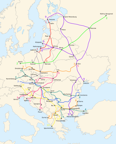 Partial map of the ten Pan-European transport corridors. Pan-European corridors.svg