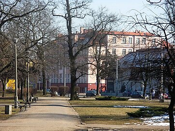 View from the park of the Gasworks building in Jagiellońska street