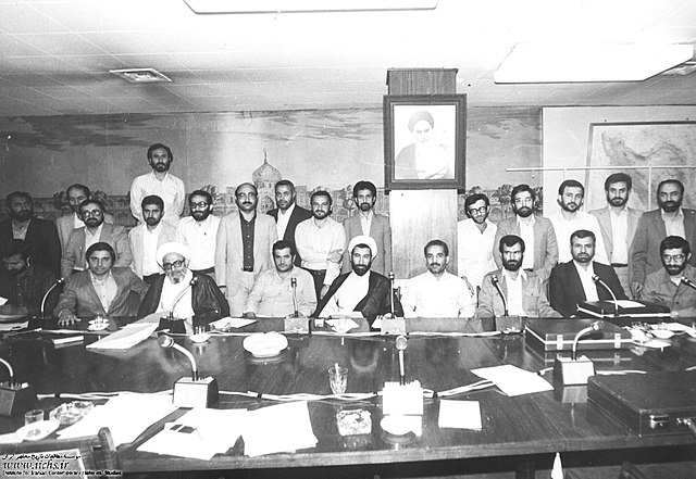 Mousavi (first from right, sitting) as Minister of Foreign Affairs in the cabinet of President Mohammad-Ali Rajai and Prime Minister Mohammad Javad Ba