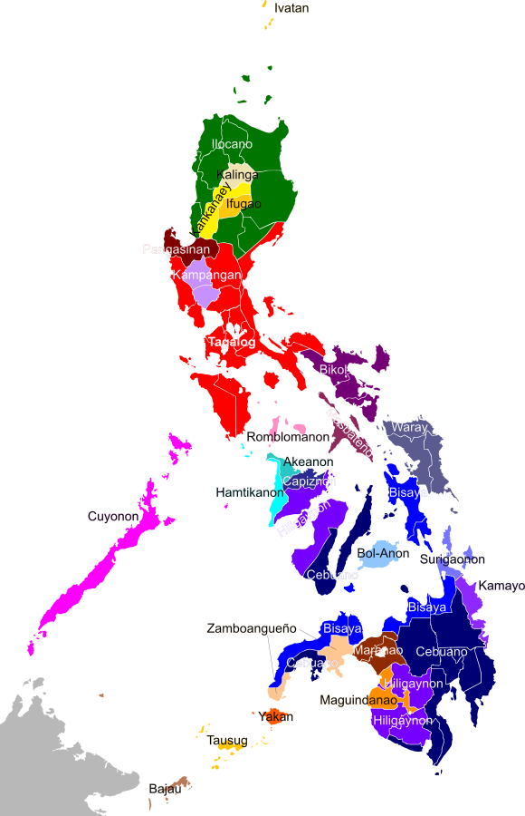Provinces where "Cebuanos" live are highlighted in dark blue. Bisaya, on the other hand, is a combination of Cebuano and other Visayan ethnolinguistic groups, shown in royal blue.