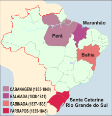 The regencies had to face four of the largest rebellions in Brazil. Periodo Regencial rebelioes.svg