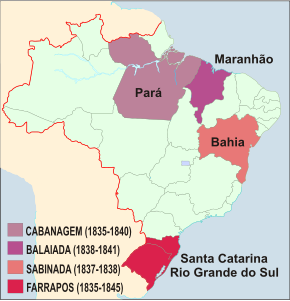 Mapa de les principals revoltes ocorregudes al Brasil abans de 1840