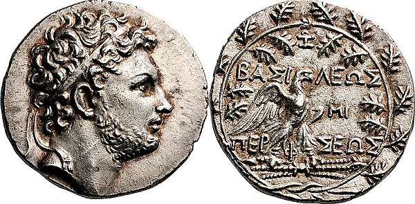 Tetradrachm of Perseus, minted between 179–172 BC at Pella or Amphipolis.  The reverse depicts Zeus' eagle on a thunderbolt, with the legend ΒΑΣΙΛΕΩΣ ΠΕΡΣΕΩΣ ("King Perseus").[4]