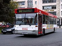 Plaxton Pointer bodied Dennis Dart in September 2002 in the former red, white and grey livery Plymouth Citybus 005 N105 UTT.jpg