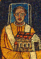 Пасхалій I на мозаїці, на якій він представляє модель церкви Христу та вдягнений у прямокутне гало, що означає, що він був живий у часи мозаїки