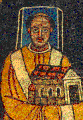 Papst Paschalis I. mit eckigem Heiligenschein, der ihn als zur Zeit des Bildnisses noch lebende Person ausweist. Auf einem Mosaik der Basilika Santa Prassede, 9. Jh.
