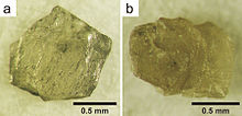 Diamond samples from the Popigai impact structure: (a) is pure diamond, while (b) is diamond with some lonsdaleite impurities. Popigai nanodiamonds.jpg