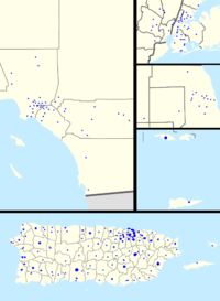 Footprint of Popular, Inc. branches. On the bottom, Puerto Rico; on the upper left, Greater Los Angeles; on the right, from top to bottom: Greater New York City (including New Jersey), the Chicago metropolitan area, and the US Virgin Islands. Not to scale. Popular footprint.png