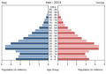 English: The population pyramid of Iran illustrates the age and sex structure of population and may provide insights about political and social stability, as well as economic development. The population is distributed along the horizontal axis, with males shown on the left and females on the right. The male and female populations are broken down into 5-year age groups represented as horizontal bars along the vertical axis, with the youngest age groups at the bottom and the oldest at the top. The shape of the population pyramid gradually evolves over time based on fertility, mortality, and international migration trends. Українська: Віково-статева піраміда населення Ірану за 2013 рік. Вона дає наочне уявлення про вікову і статеву структура населення країни, може слугувати джерелом інформації про політичну і соціальну стабільність, економічний розвиток. Блакитними кольорами ліворуч, у вигляді горизонтальних смуг показані вікові групи (з кроком 5 років кожна) чоловічої статі, праворуч рожевими — жіночої. Наймолодші вікові групи — внизу, найстаріші — вгорі. Форма піраміди поступово еволюціонує з плином часу під впливом чинників народжуваності, смертності і світової міграції.