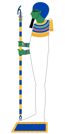 פתח, בדמות חנוט, עומד על כן סמל של מעת, ומחזיק ביד שרביט הנושא את הסמלים ענח'-ג'ד-ואס