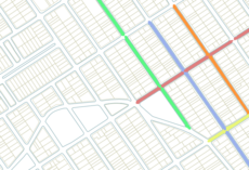 City blocks surrounded by streets, some streets with a different 8-digit postal code (suffixes 001 to 899).