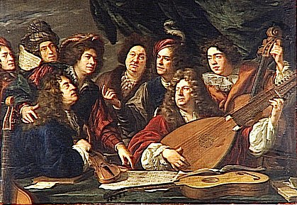 Jean-Baptiste Lully (holding the violin) surrounded by musicians at the court of Louis XIV. La Petite Bande takes its name from Lully's orchestra, La Petite Bande des Violons du Roi. (Painting by Francois Puget, 1688.) Reunion de musiciens by Francois Puget.jpg
