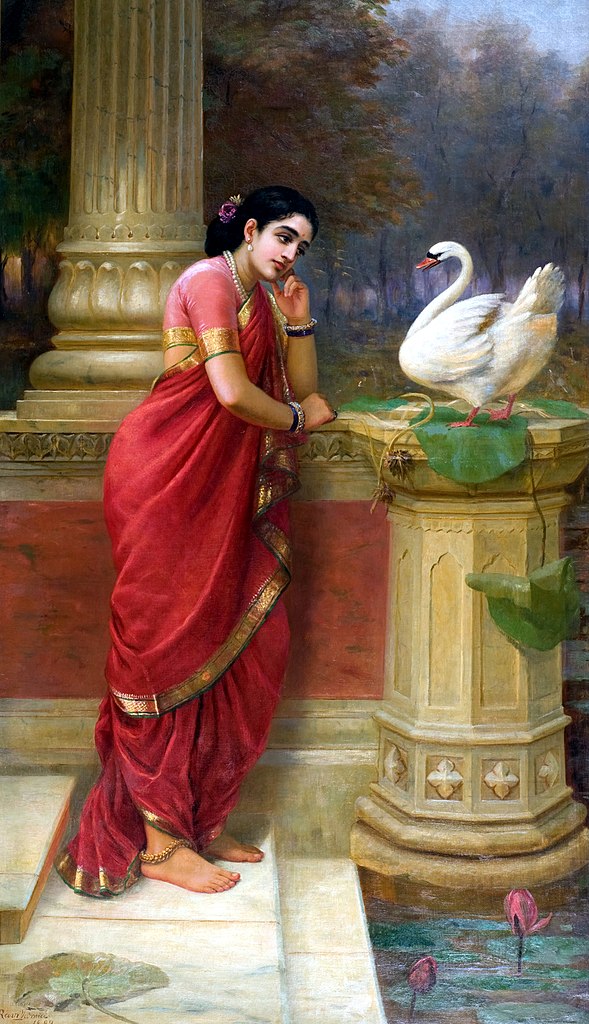 File:Ravi Varma-Princess Damayanthi talking with Royal Swan about Nala.jpg  - Wikimedia Commons