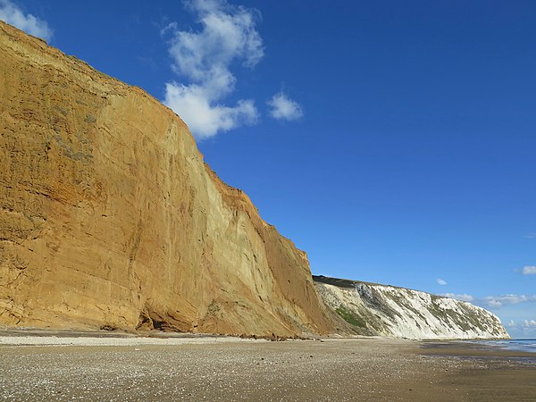 Sandown's impressive sandstone and chalk cliffs at the northern end of the Bay