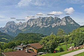 Udsigt over Edelweißlahnerkopf (tredje top fra højre) fra Ramsau bei Berchtesgaden