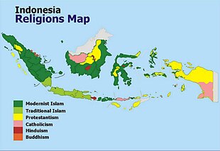 Religion map in Indonesia: predominantly Buddhist regions are highlighted in orange. Religious map of Indonesia.jpg