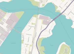 Map of Rhodes peninsula with location points for Rhodes ferry wharf sites, Sydney Olympic Park and Meadowbank ferry wharves.