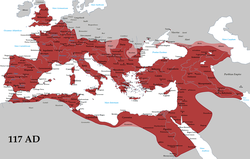 The Roman Empire in AD 117 at its greatest extent, at the time of Trajan's death (with its vassals in pink)[3][b]