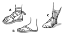 Strekteikninger av ulike typar sandalliknande fotty frå antikken
