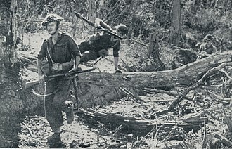 Men of the Royal Scots Fusiliers, 36th Infantry Division, advancing near Pinwe, December 1944. Royal Scots Fusiliers approach Pinwe.jpg