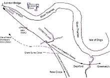 The junction between the London and Greenwich Railway and the London and Croydon Railway to the east of London Bridge in 1840 S E London railways 1840.jpg