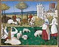 Jeunes filles dans un pré avec des moutons dont une avec une quenouille, des cavaliers approchant au loin.