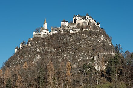 Hochosterwitz Castle in the Sankt Veit an der Glan district of Sankt Georgen am Längsee municipality, 21 km northeast of Klagenfurt