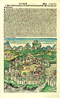 Paĝgeo priskribanta Konstantinopolon el la Nuremberga Kroniko 1491; la bildo estas lignogravuraĵdo el la ateliero de Wolgemut kun aldonita man-kolorigo