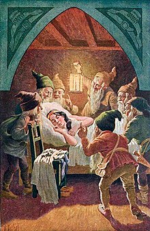 1930 Illustration by Otto Kubel depicting the seven dwarfs finding Snow White asleep Schneewittchen-Otto-Kubel.jpg