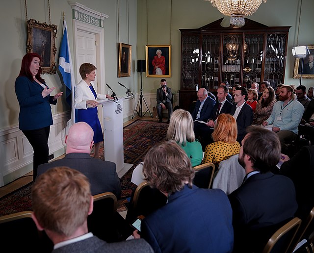 Sturgeon addresses journalists at Bute House over her plans to hold a referendum in 2023, a proposal that would fail after the Supreme Court ruled the
