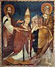 Scuola romana, affreschi del sancta sanctorum, 1280 ca., Niccolo III dona la chiesa ai ss. pietro e paolo 03 (cropped).jpg