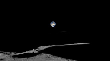 Visualization Shackleton Crater with Lunar South Pole visible as the thinnest illuminated rim of the half visible large Shackleton crater Shackelton crater visualization.jpg