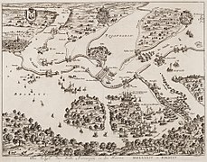 Le siège d'Anvers en 1585 par Jan Luyken vers 1679 avec le détail des noms des forts du Liefkenshoek, Sainte-Marie et Saint-Philippe en néerlandais.