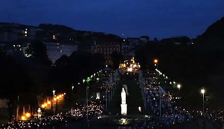 Torchlight procession in Lourdes at sundown