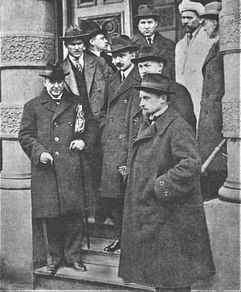 On the front: Christian Rakovsky on the left, and Yevgeni Preobrazhensky in the middle and Grigori Sokolnikov on the right during Soviet UK negotiations in London. Mar 1924
