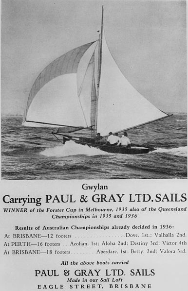 File:StateLibQld 2 291071 Advertisement for sail makers Paul and Gray Limited showing champion yacht Gwylan, 1936.jpg