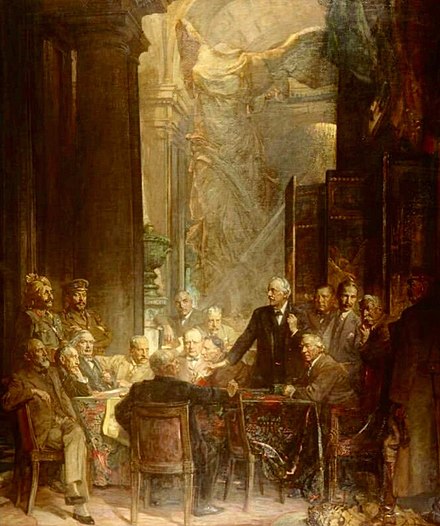 "Statesmen of World War I", depicting the low point of the war.  Lord Milner is seated between PM Lloyd George and Winston Churchill.
